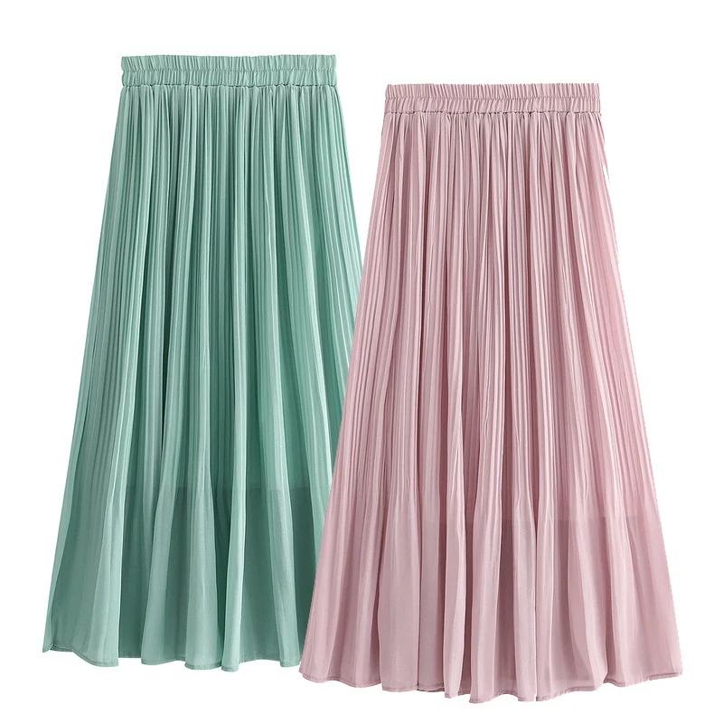 

High Waisted Solid Color A Line Summer Maxi Long Pleated Chiffon Mini womens Skirt