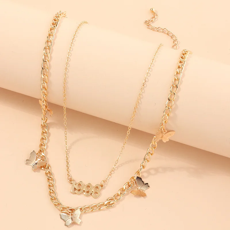 

2pcs/set Fashion Year Number Multi-Layer Necklace Butterfly Letter Choker Jewelry Necklace