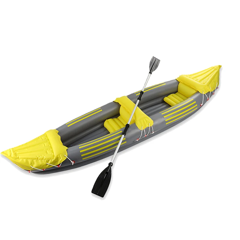 

China PVC drop stitch double 2 person fishing boat inflatable kayak with paddles for sale, Yellow