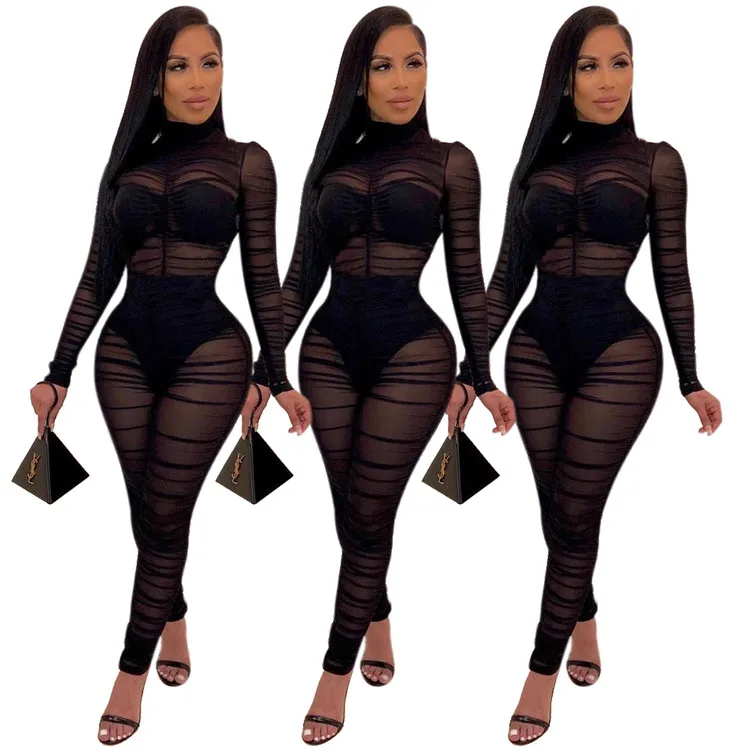 

Sexy Mesh See-Through Solid Color Long Sleeve Slim Women Stacked Jumpsuit 2020 Autumn Fashion Casual Rompers Bodysuits, As picture