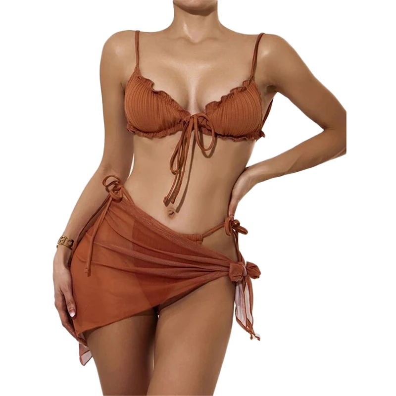 

custom logo label tag Amazon 2021 Swimwear 3 pack bikini set Lettuce Trim Thong Bikini Swimsuit & Beach Skirt, Solid