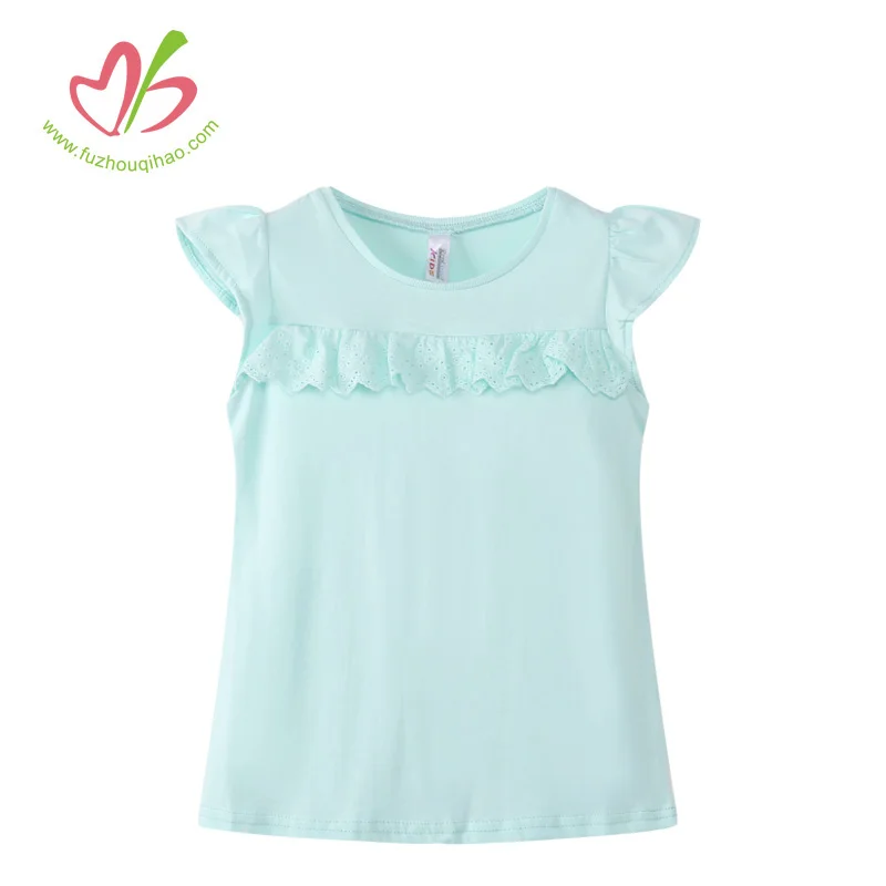 

Girl's summer tops sleeveless flutter sleeve 100% cotton t shirt, Can be customized