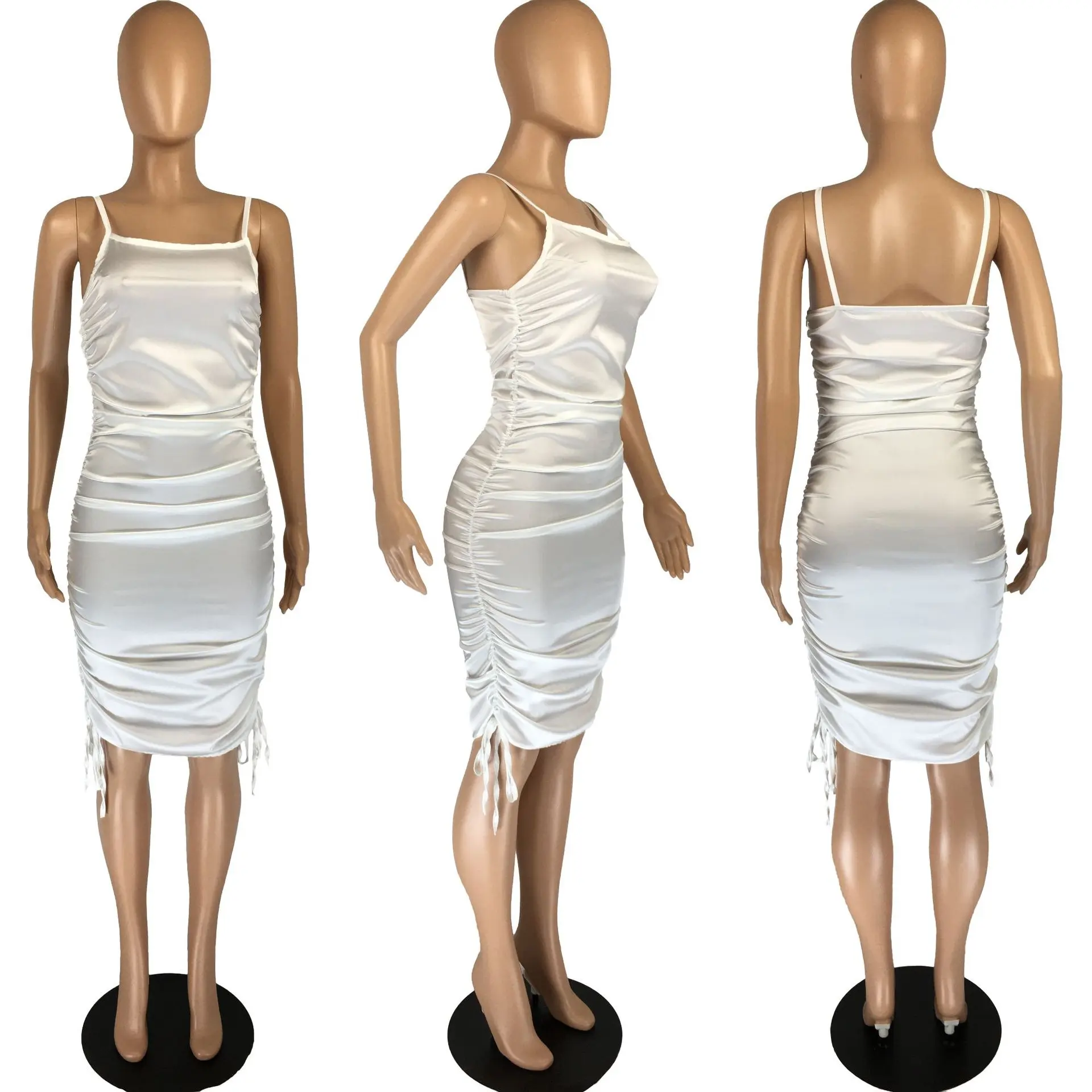 

2021 women's high quality clothing, solid color pleated strap suspender Casual dress