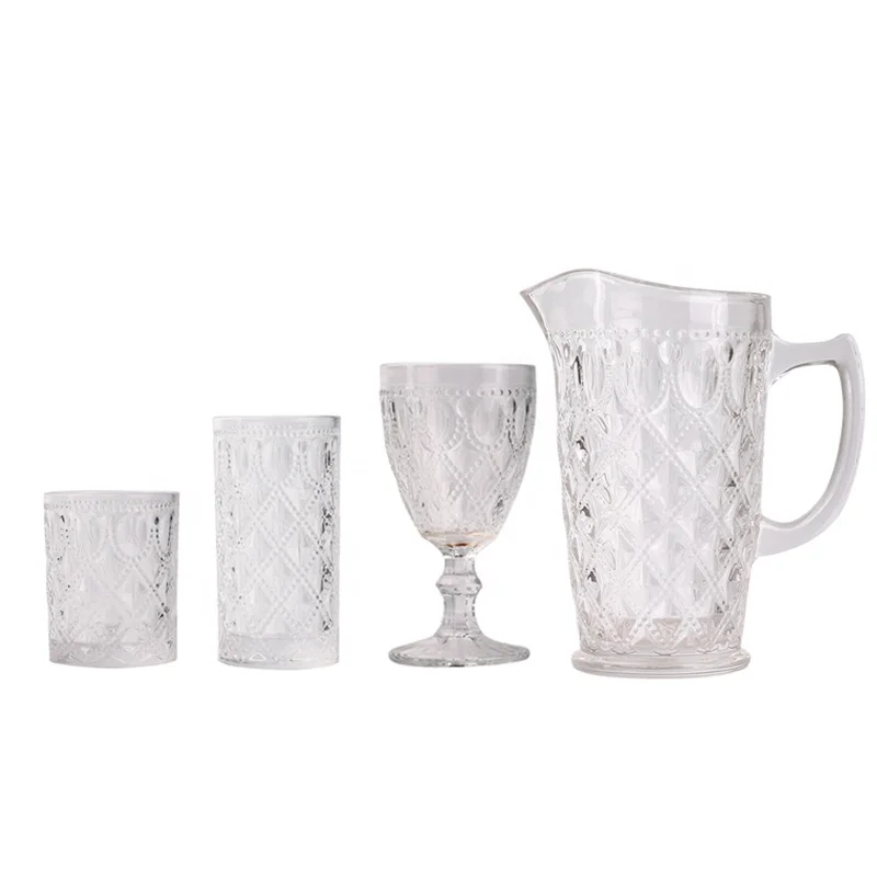 

Telsen Clear Embossed Vintage Pattern Engraved Pressed Wine Glasses Cups Set Goblets