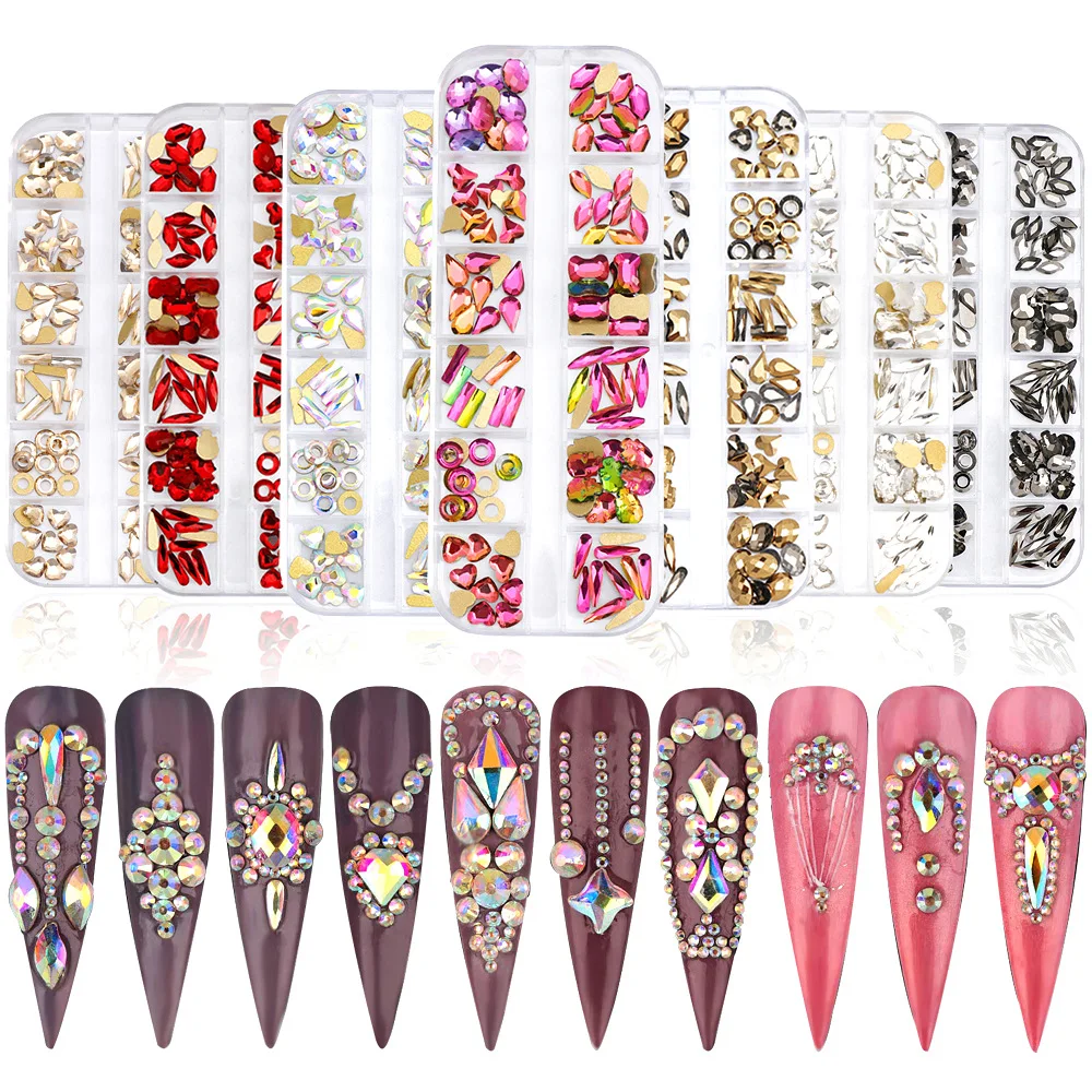 

Mixed Shape Crystal AB Nail Diamonds Box Flatback Oval Star Heart Waterdrop Rhinestones 3D Glass Nail Jewelry Strass Manicure, Ab, clear, pink ab, flame ab, mine gold, black, red, champagne