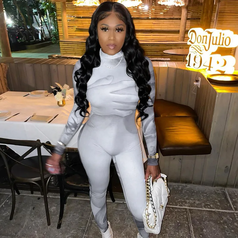 

New M01139 - sexy print long sleeve bodycon sport long pants women jumpsuit