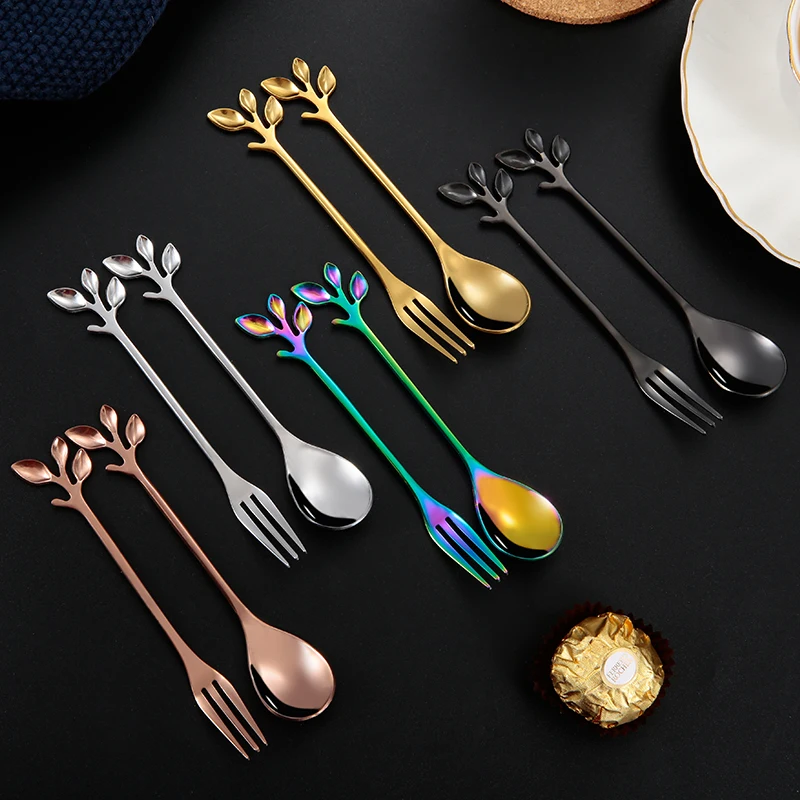 

Creative Wedding Gift Metal Couple Spoon Fork Gold Luxury Stainless Steel Coffee Spoon Fork Set, Iridescent/silver/gold/black/rose gold/blue