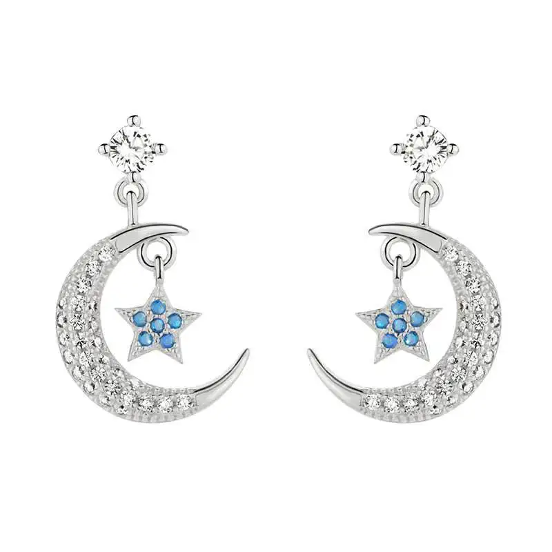 

s925 sterling silver blue star and moon earrings female Korean style simple earrings temperament wild female earrings