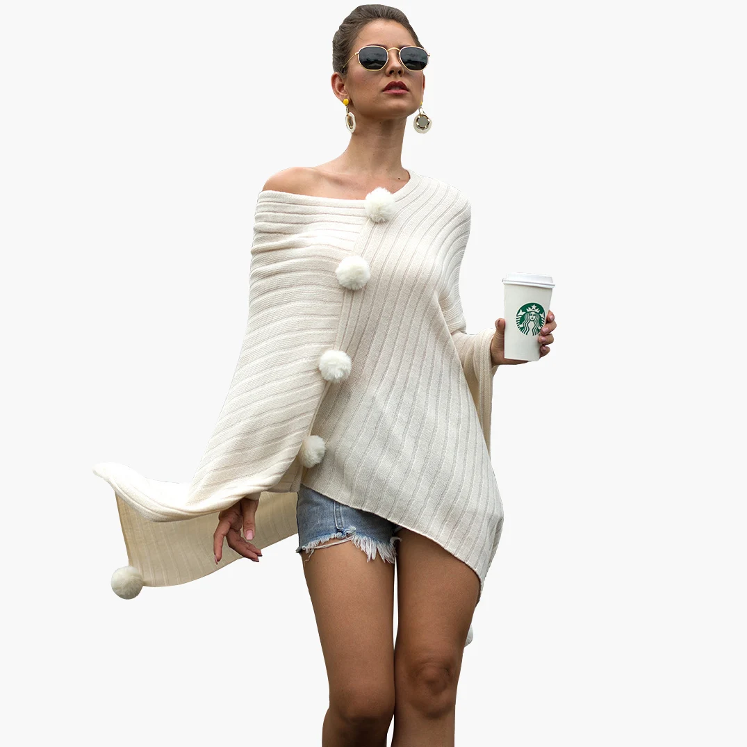 

Women plain lady warm winter coat over size women Wholesale shawl pullover pompon sweater