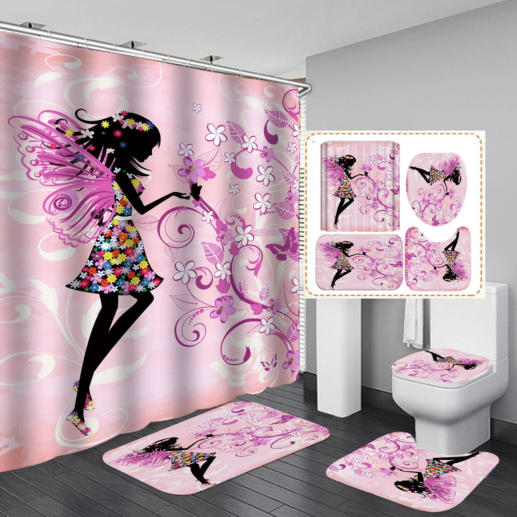 

Wholesale Kids Cartoon Bathroom Shower Curtain And Mat Sets 4 Pieces Hooks Rings Custom Printed Waterproof Shower Curtains, Customized color