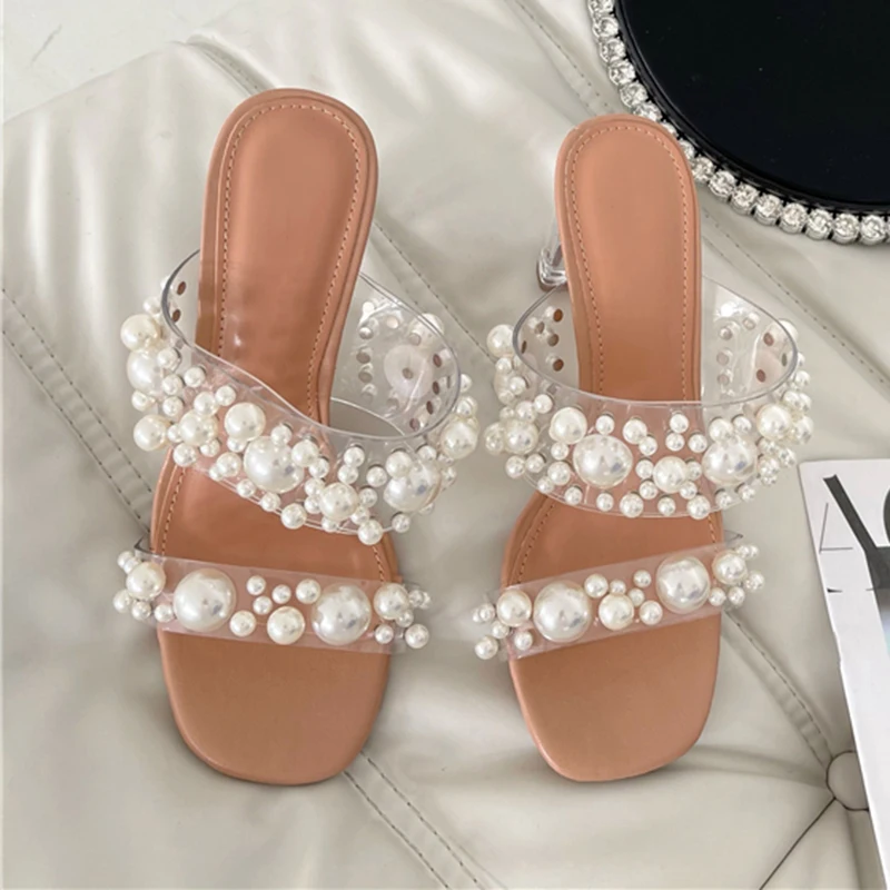 

Squared Toe White 35-40 PVC Slippers Bling Pearl Party Fashion Zapatos De Mujer 2022 New Summer Women Shoes High Heels Sandal, 6.5cm-white 9cm-white