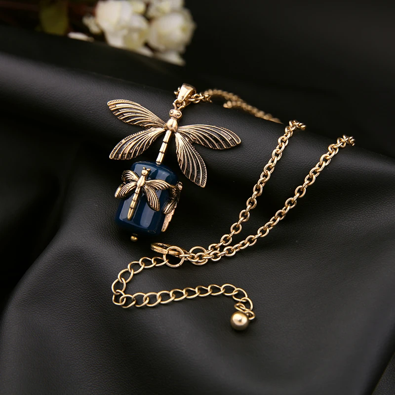 

xl01999 2021 Gold Plated Insect Dragonfly Larimar Blue Statement Vintage Jewelry Necklace Pendant Charms Men Women