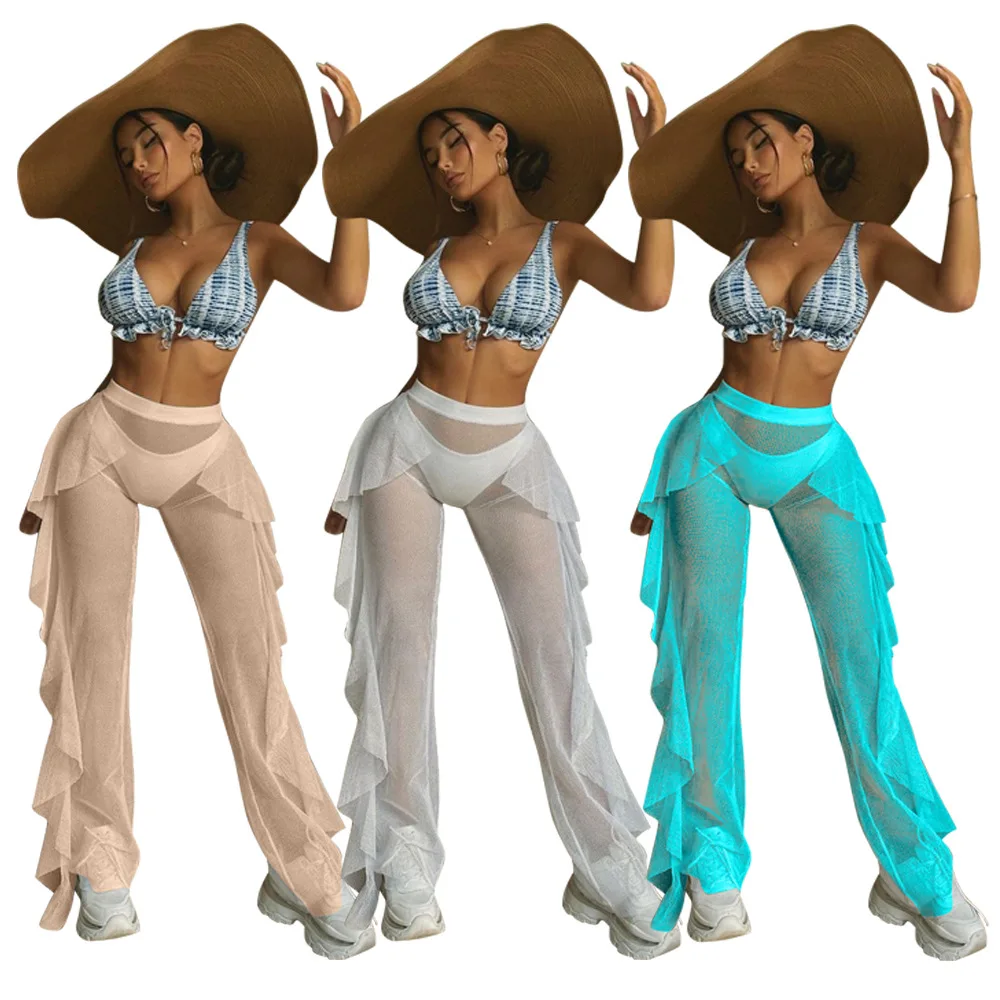 

D 2021 Women's Mesh Swimwear Ruffled Beach Pants
