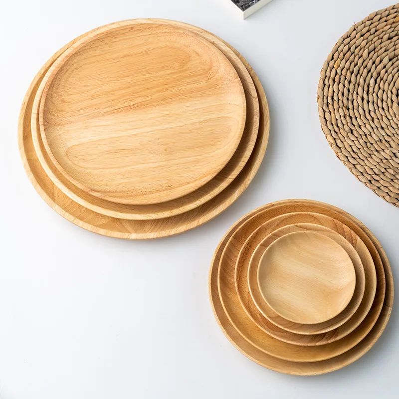 

Multi Size Manufacturer wholesale rubber wood Hotel fruit plate wooden tableware circular tray household wooden tea plate