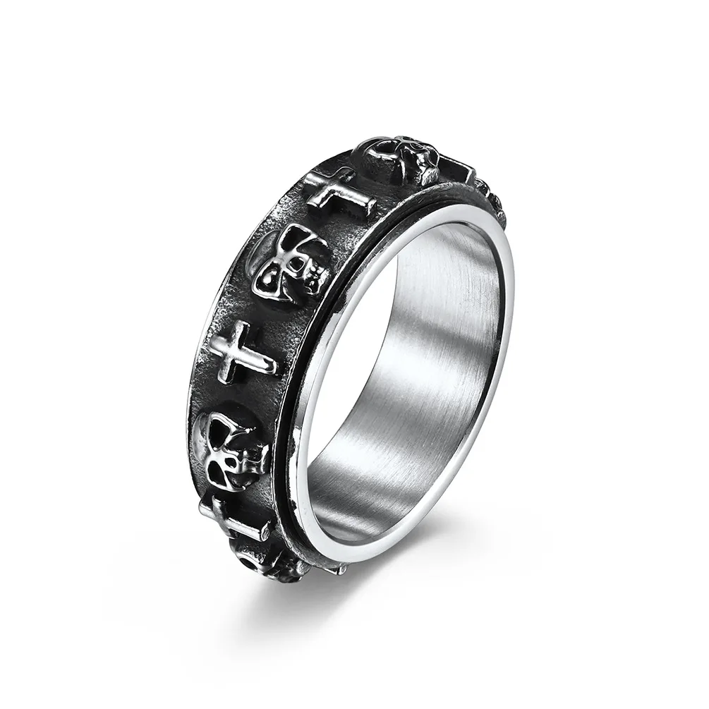 

Vintage jewelry male stainless steel anxiety rotate skull cross ring