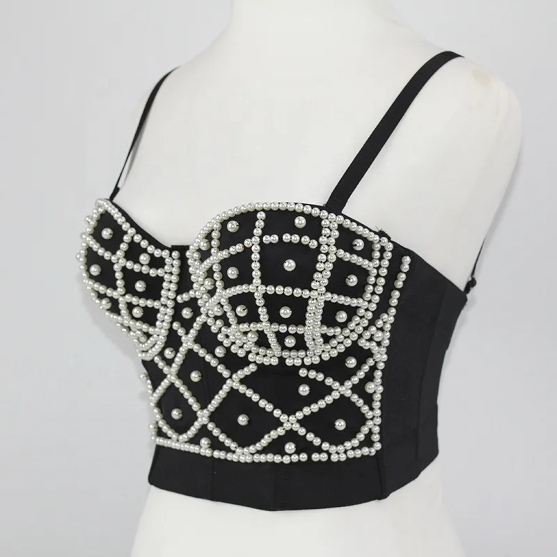 

Custom Fashion Cute Fancy Embroidered Black Pearl bustier corset crop top Women, Blue color