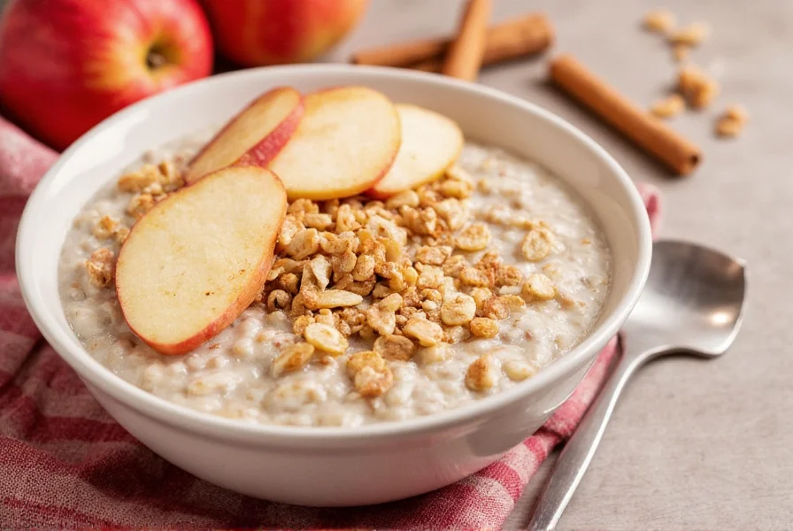 Step-by-step preparation of homemade apple cinnamon oatmeal showing ingredients, cooking process, and final presentation with fresh apple slices and cinnamon sprinkle