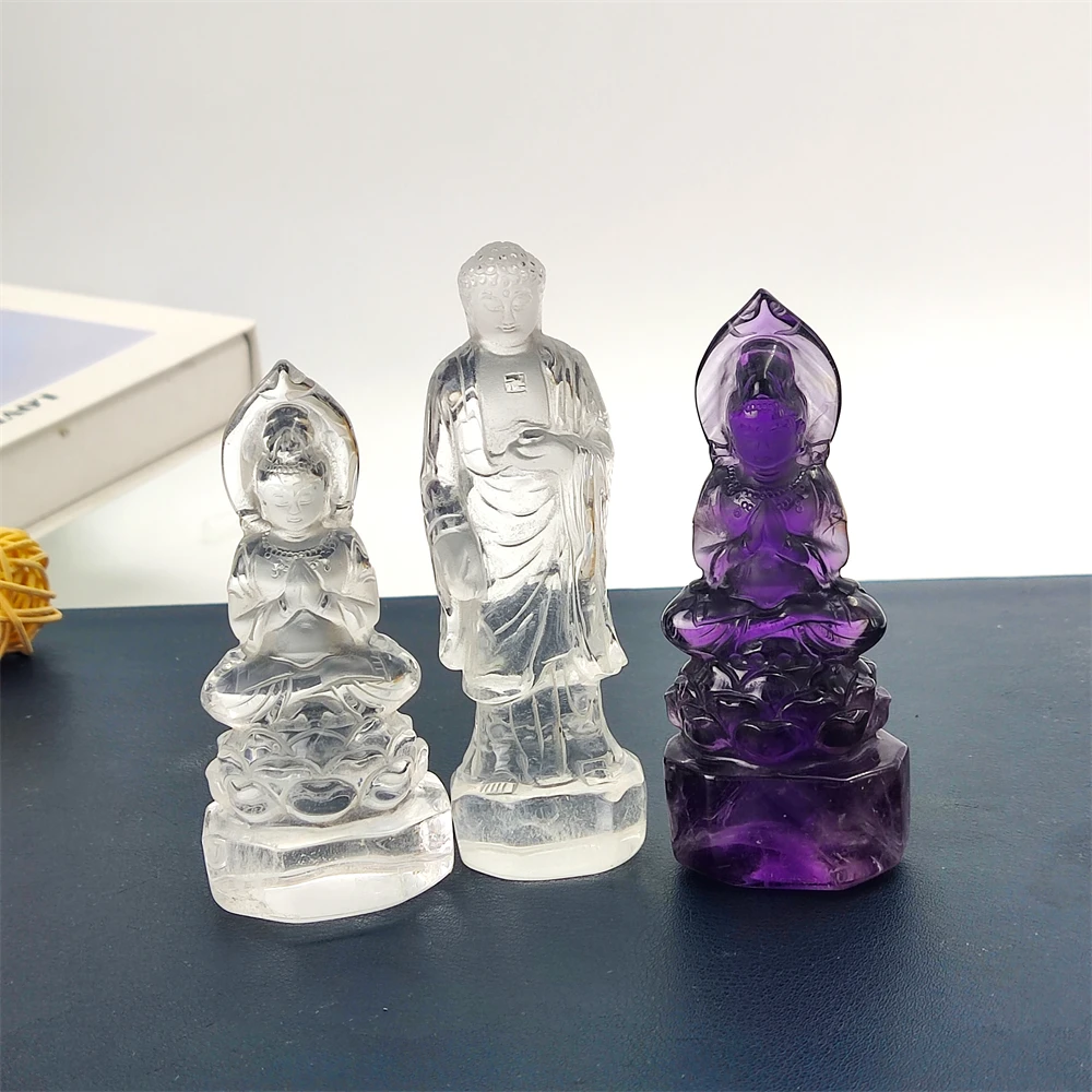 

Factory Direct Sale Natural Clear Quartz Amethyst Chinese Buddha Carvings Statues Healing Crystal Buddha Guanyin Decor for Gifts
