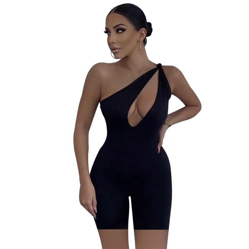 

2021 Summer One Shoulder Asymmetrical Stretch Short Jumpsuit Workout Sporty Active Shorts Playsuit For Women