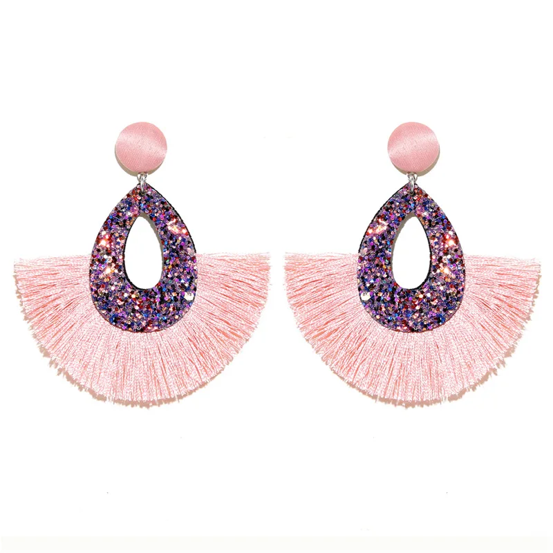 

Women Fashion Bohemian Boho Long Tassel Fringe Dangle Earrings Jewelry Glitter Sequin Waterdrop Tassel Earrings