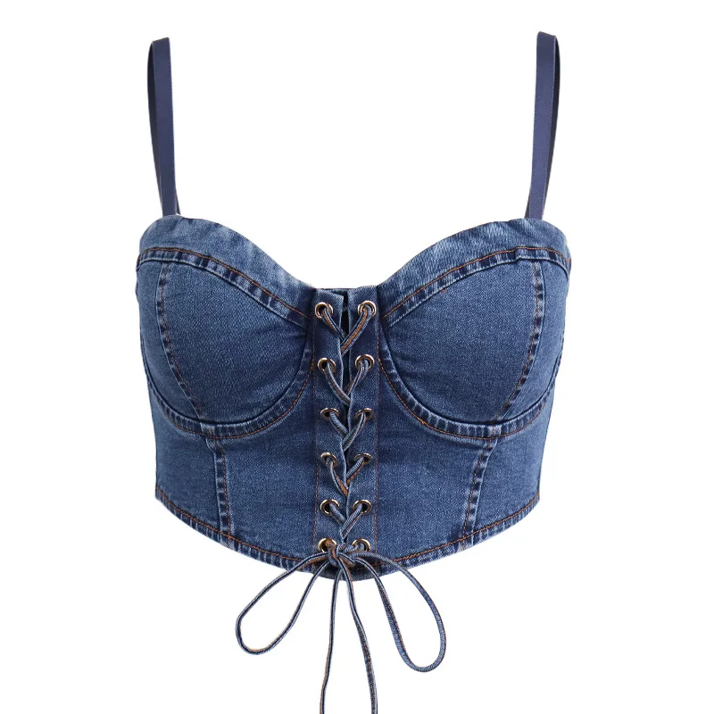 

Hot Sale 2021 Summer Fashion Ladies Shoulder Strap Crop Top Ladies Denim Vest