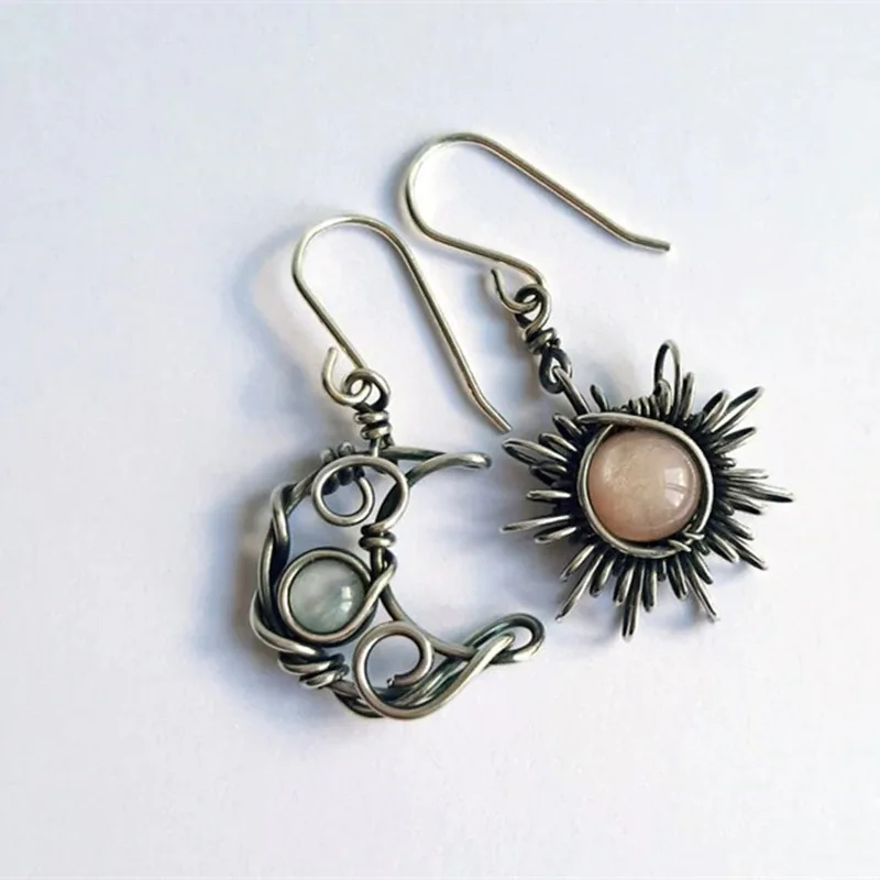 

Vintage 2021 Womans Asymmetry Unique Earrings Sun Moon Bohemian Moonstone Earrings, Sliver