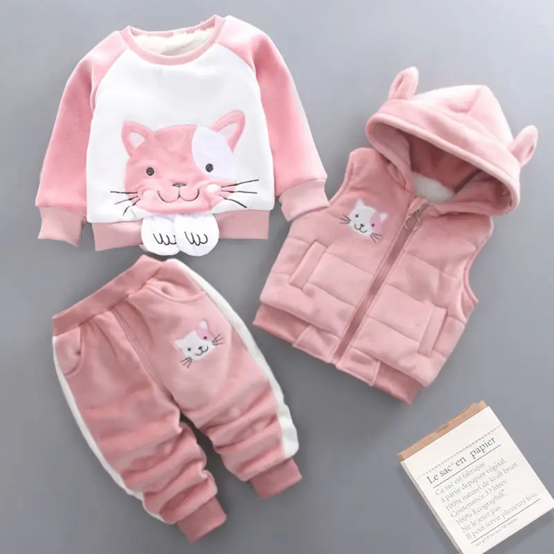 

Cute Cartoon Kitten Prints Toddler Clothing Sets 3 pcs Baby Girls Winter Boys Clothes Velvet Sweater + Vest + Trouser baby Wear