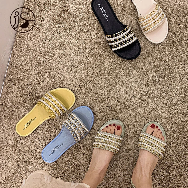 

Wholesale fashion slides footwear casual custom pearl ladies shoes dazzling lightweight women sandals 2021, Customized color