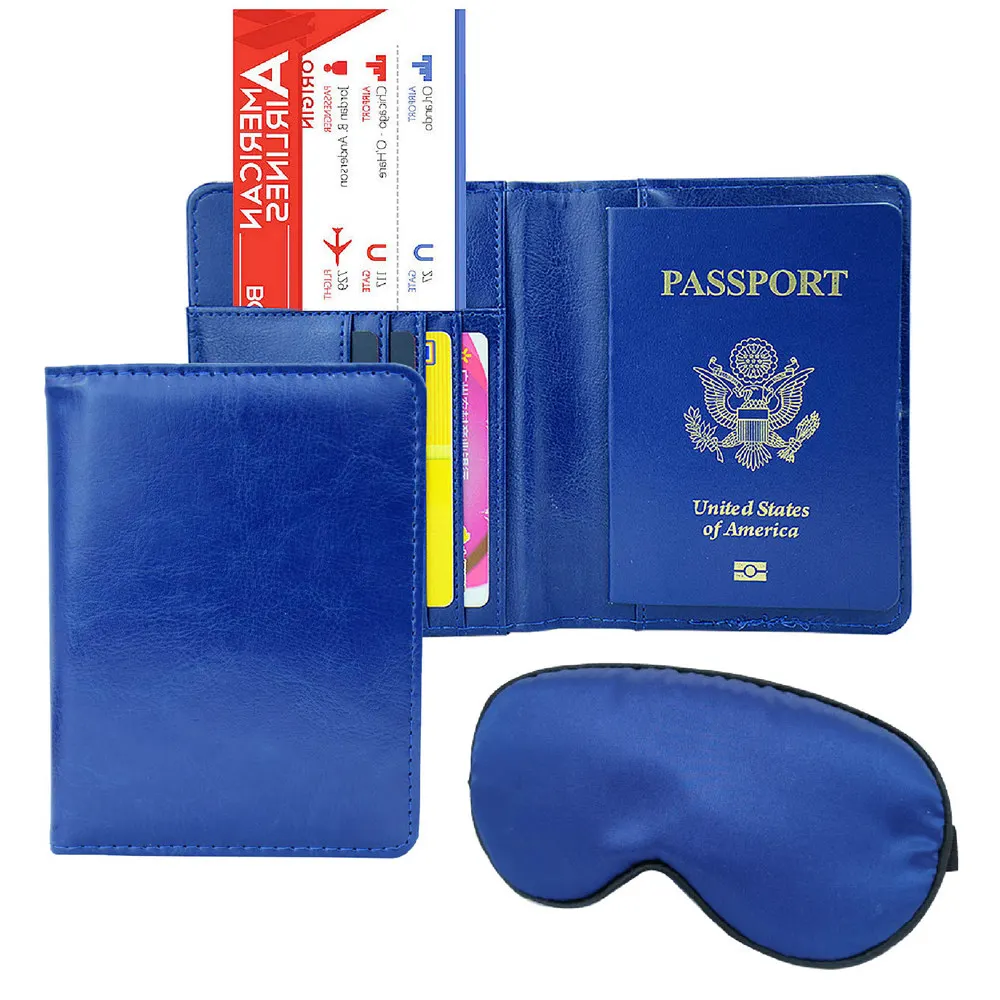 

Fashion couple honeymoon travel accessories RFID blocking leather family passport holder plus silk sleep eye mask set, Customized