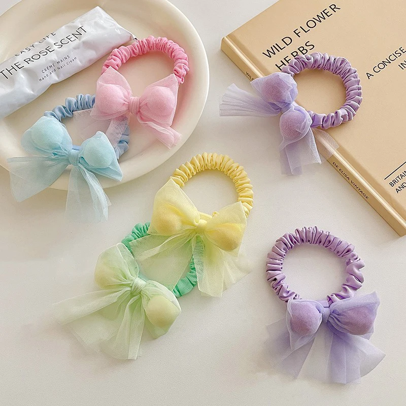 

MIO hair ties with balls elastic loop mesh fabric bow tie shape sweet hair band for kids girls ponytail holder soft rubber ties