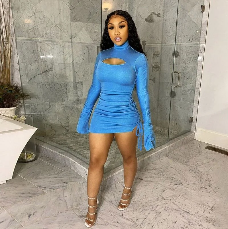 

Sexy Tie Hollow Dress Women 2020 Autumn New Long Sleeve Slim Short Skirt ., Shown