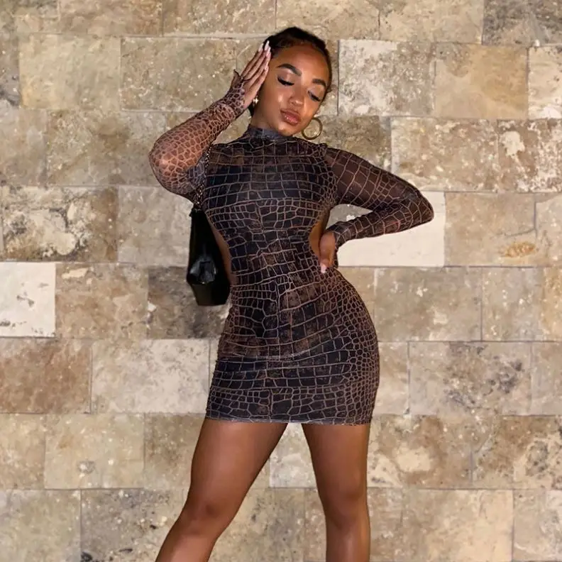 

Wholesale new hot sale stylish sexy backless snake print crew neck long sleeve dress, Photo shows