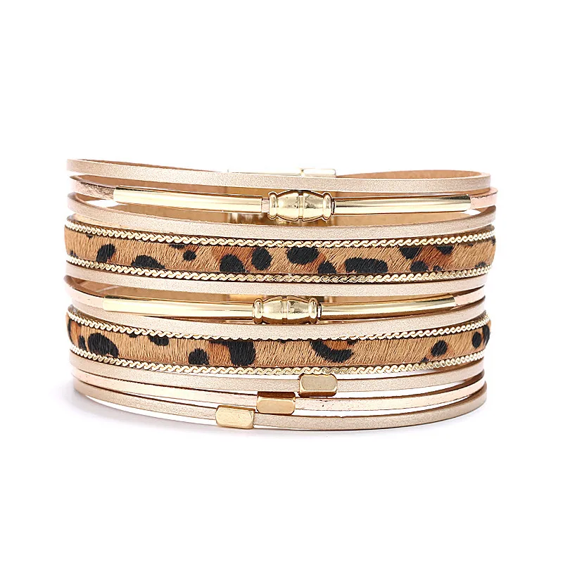 

2021 Sailing Jewelry Popular Magnet Clasp Leopard Leather Bracelet Copper Tube Leather Horsehair Multilayer Wrap Bracelet