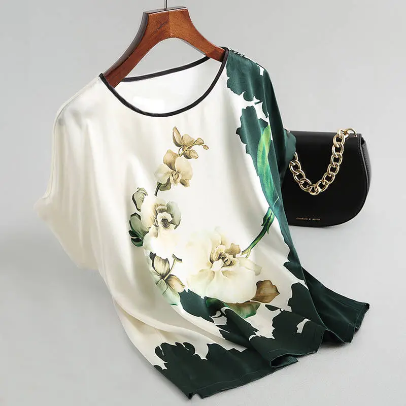 

Women Silk Satin Blouses Plus size Batwing Vintage Print Floral Blouse Ladies Casual Short sleeve Tops, Green,red