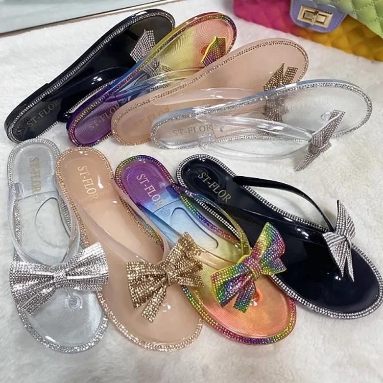 

Hot sale shining diamonds jelly slides summer ladies flip flops outdoor beach slippers for women