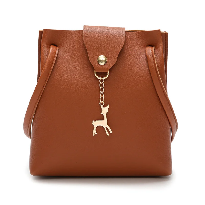 

High Quality Hot Style Cute Deer Pendant Bucket Bag PU Leather Single Shoulder Bag, 7 colors available