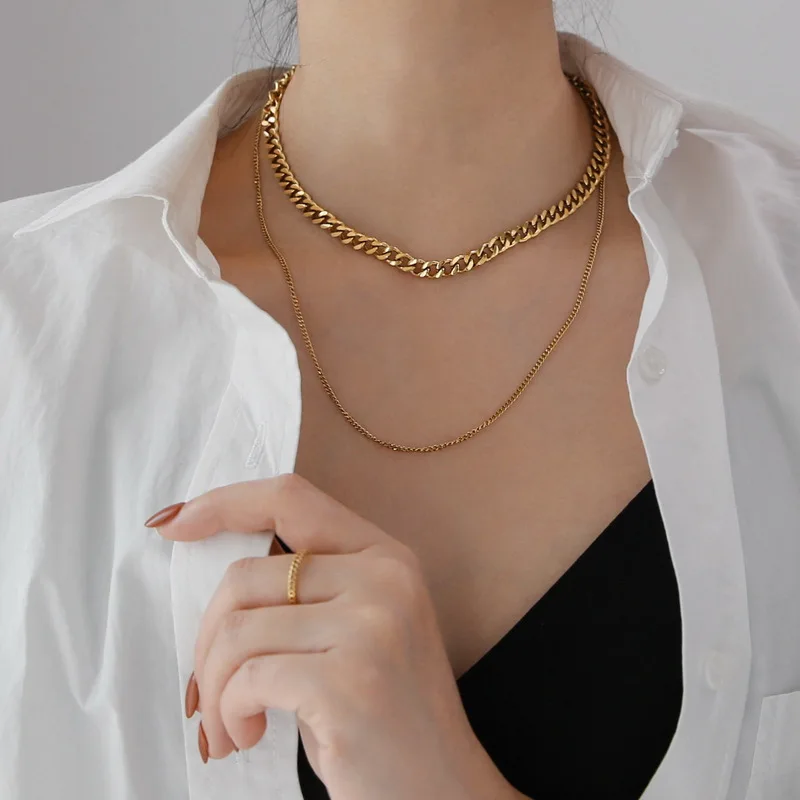 

European and American Hotsale Punk Double Layer Chains Necklace Women 18K Gold Plated Cuban Link Chain Choker Necklace