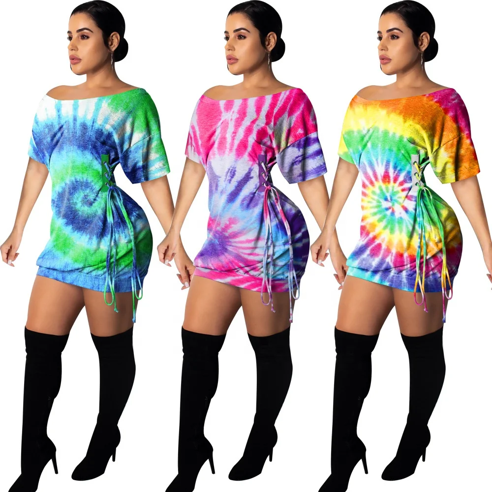 

MT53- 8889 Smart Waist Short Sleeve Tie Dye Tee Shirt Short Dress For Women
