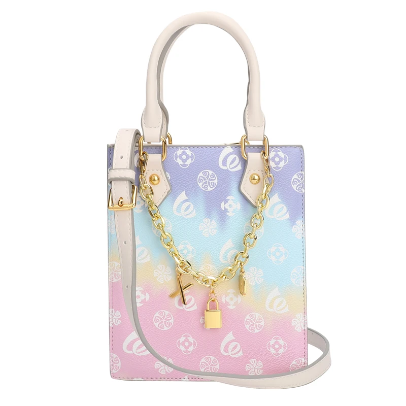

Exquisite Metal Chain Shoulder Bag Gradient Rainbow Color Large-capacity Bucket Bag Fashionable Ladies Hand-held Armpit Bag 704