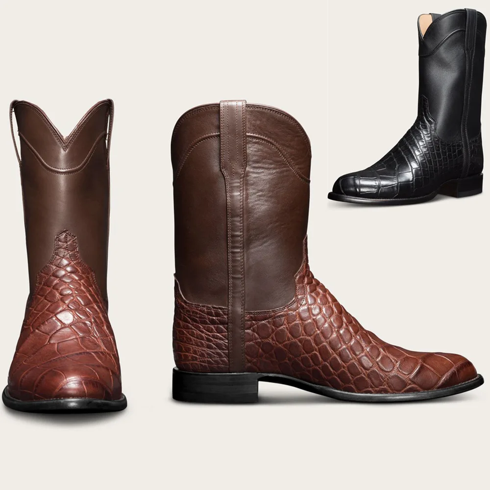

Fashion Design Cowboy Western Boots Wide Square Toe Mens Cowboy Boots Factory Price Black High Cut Shoes Men