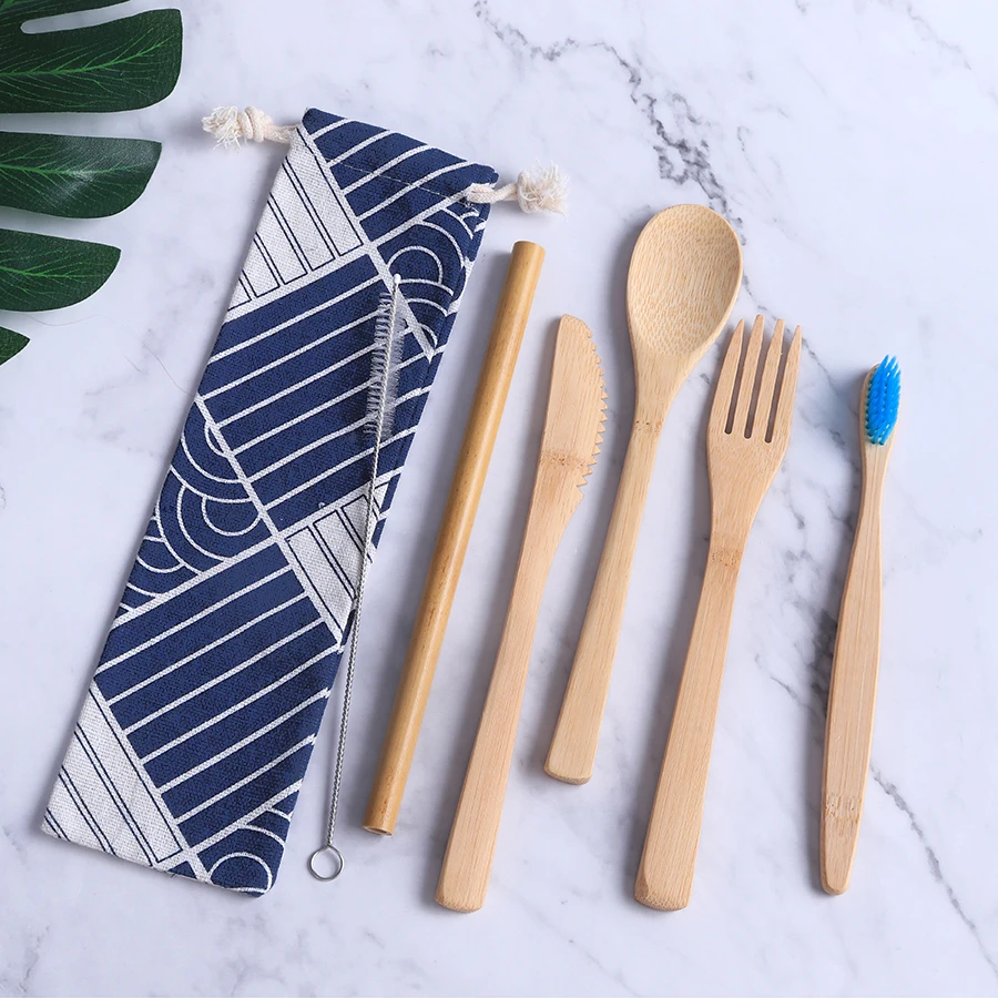 
wholesale 6pcs eco friendly travel picnic flatware natural reusable bamboo cutlery set 