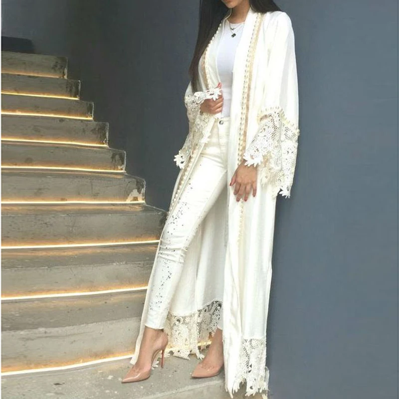 

Wholesale elegant women's white Islamic Clothing Fashion Lace and pearl chain accessories islamic clothing abaya