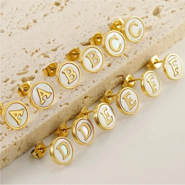 

18K PVD Gold Plated Stainless Steel Natural White Shell 26 Alphabet Initial Letter Stud Earrings For Women