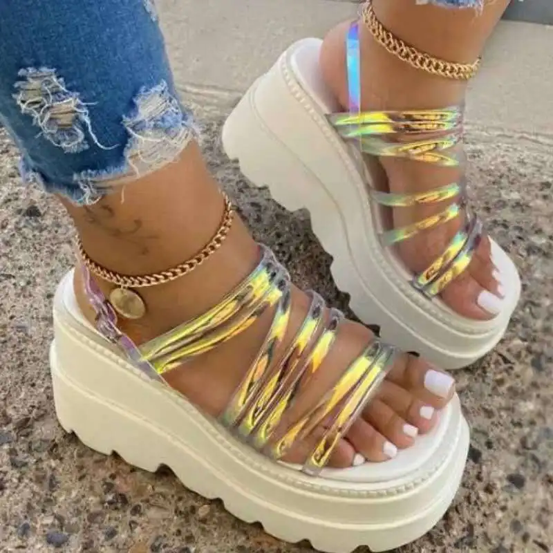 

Gradient clear perspex strappy lady sandals wedge platform sole slingback lady peep toe women summer shoes large size 44