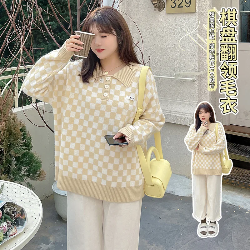 

Large size women's clothing wholesale Polo collar checkerboard pattern lazy sweater women's fat mm temperament thin knit sweater