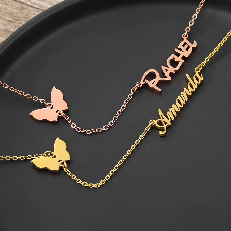 

Butterfly Personalized Custom Name Necklaces for Women Gold Color Stainless Steel Initial Pendant Nameplate Butterfly Necklace