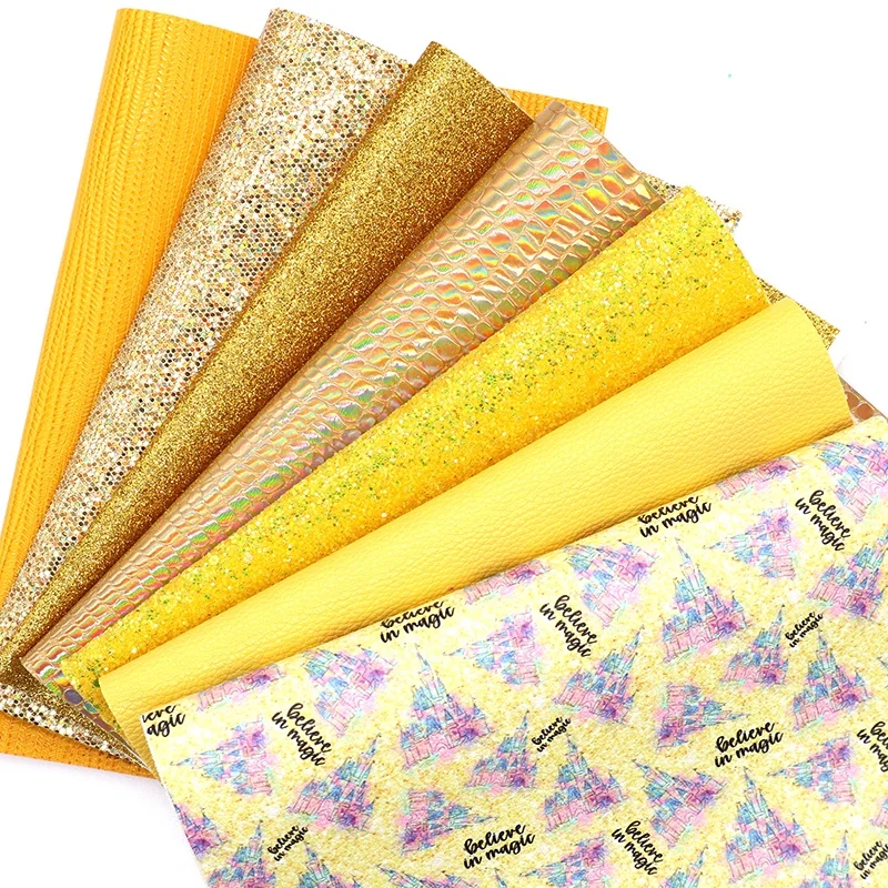 

7PCS/Set Snakeskin Pastel Colors Yellow Mixed Glitter Lychee Pebble Printed Vinyl Faux Leather Sheets Bundles