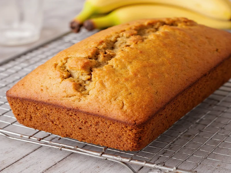 Golden brown homemade banana bread cooling on wire rack