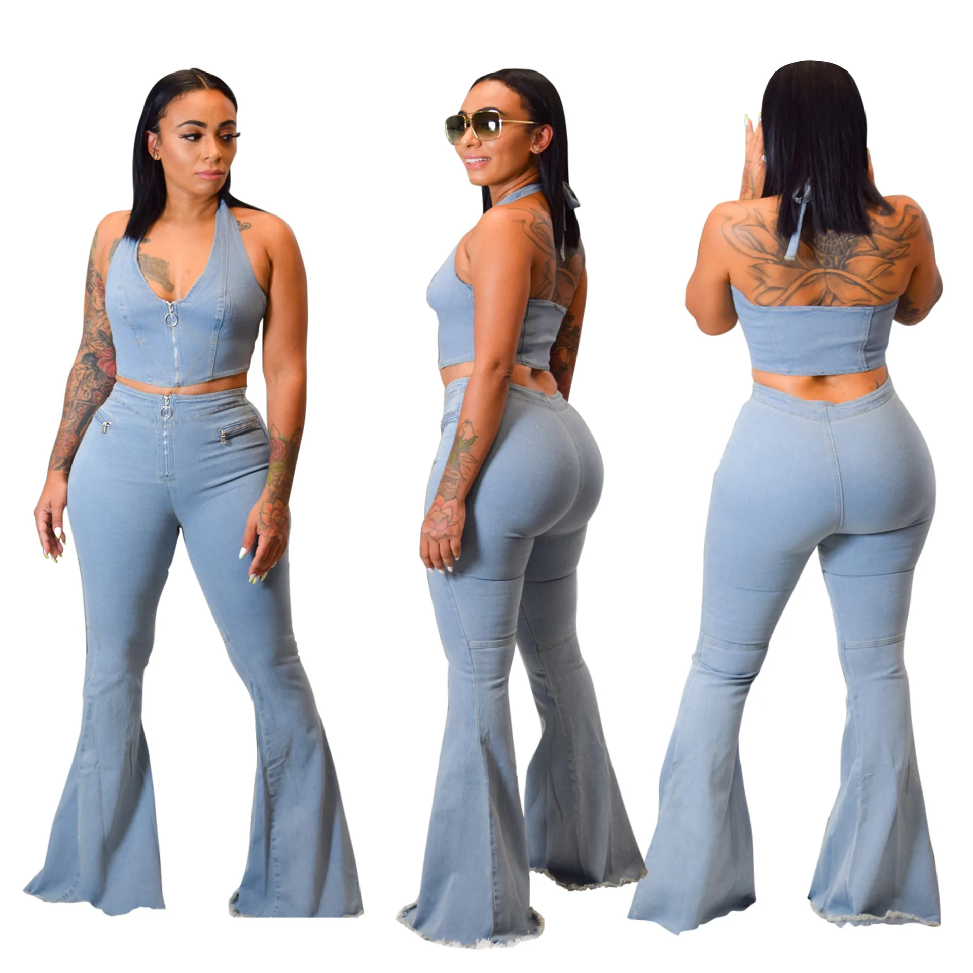 

Fashion Sexy Halter Backless Crop Top Sleeveless Washed Denim Flared Pants Jeans 2 Piece Set