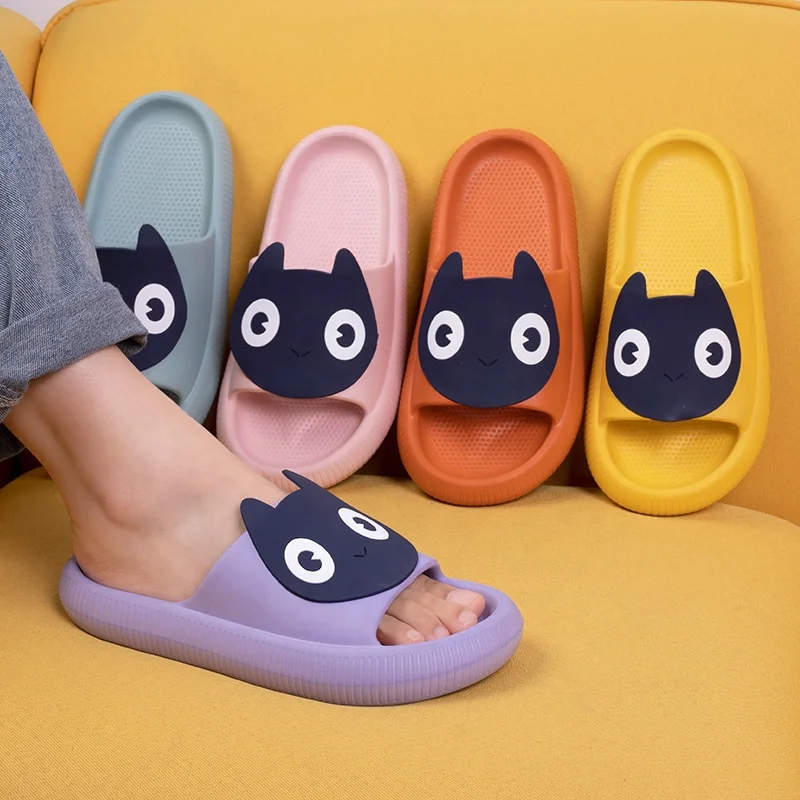 

Wholesale Tik Tok Big-Eyed Black Cat Cartoon Slippers Female One-Piece Soft Bottom Soft Surface Briquettes Meow Sandals, Customized color